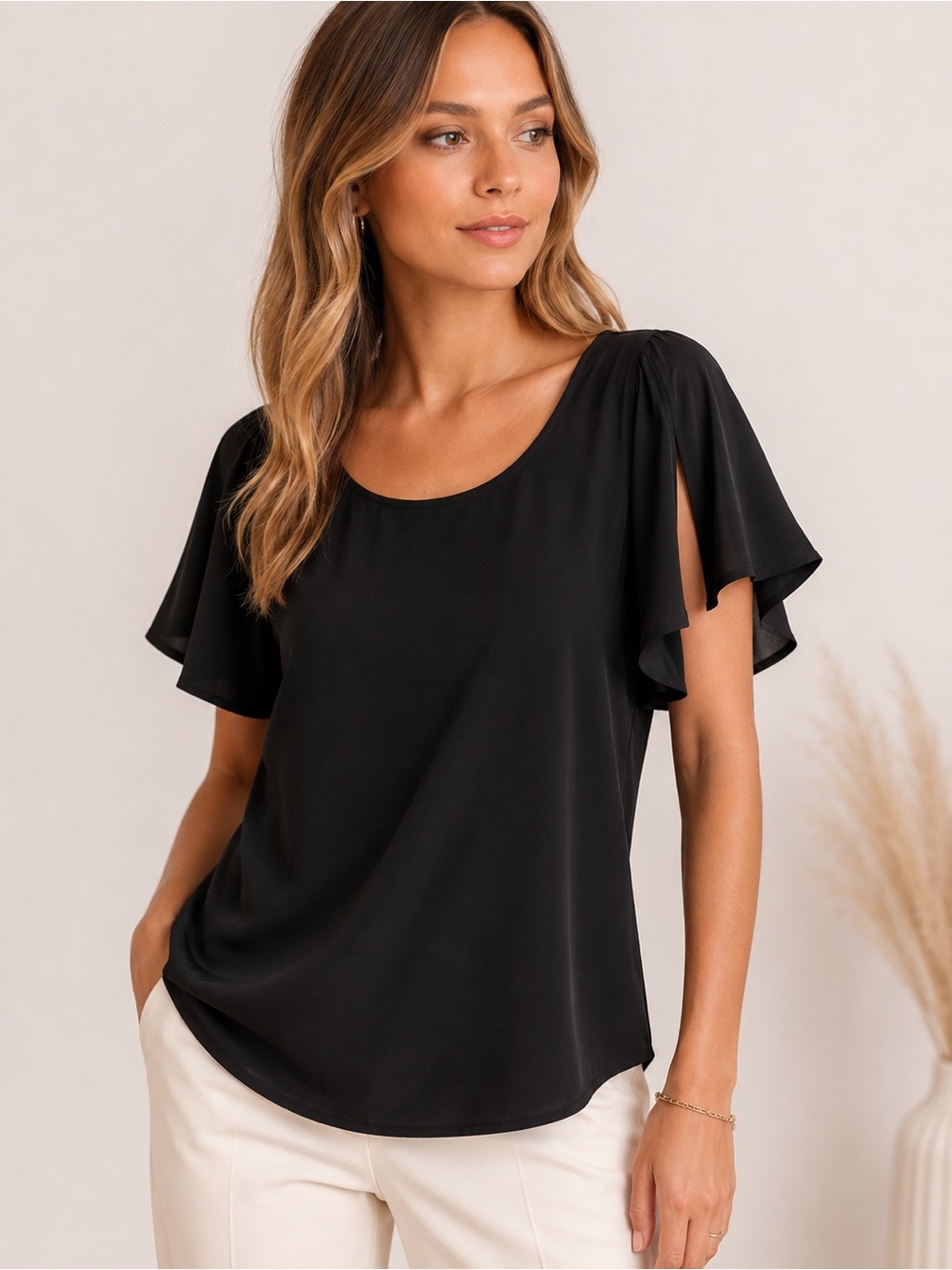 Jay Godfrey Black Silk Look Flutter Sleeve Career Blouse Size 8